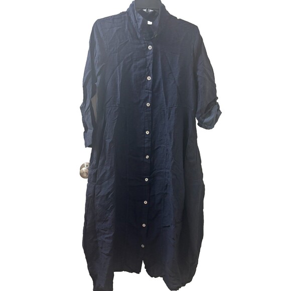 Sahara Dresses & Skirts - Sahara SHIRT DRESS TEXTURED Viscose Button Up Bubble Hem Dress BLUE NAVY SZ S
